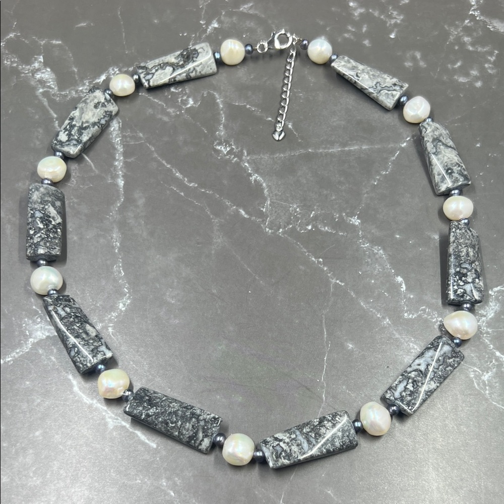 Natural Polished Stone & White Purple Pearl Necklace 925 Clasp